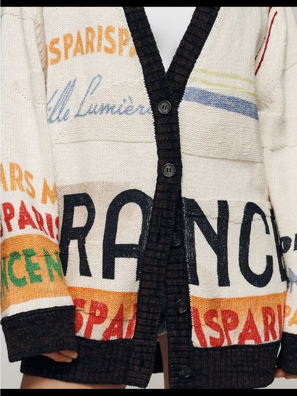 Maeve Boyfriend Cardigan with Black Trim and Multicolor Lettering. No offers.